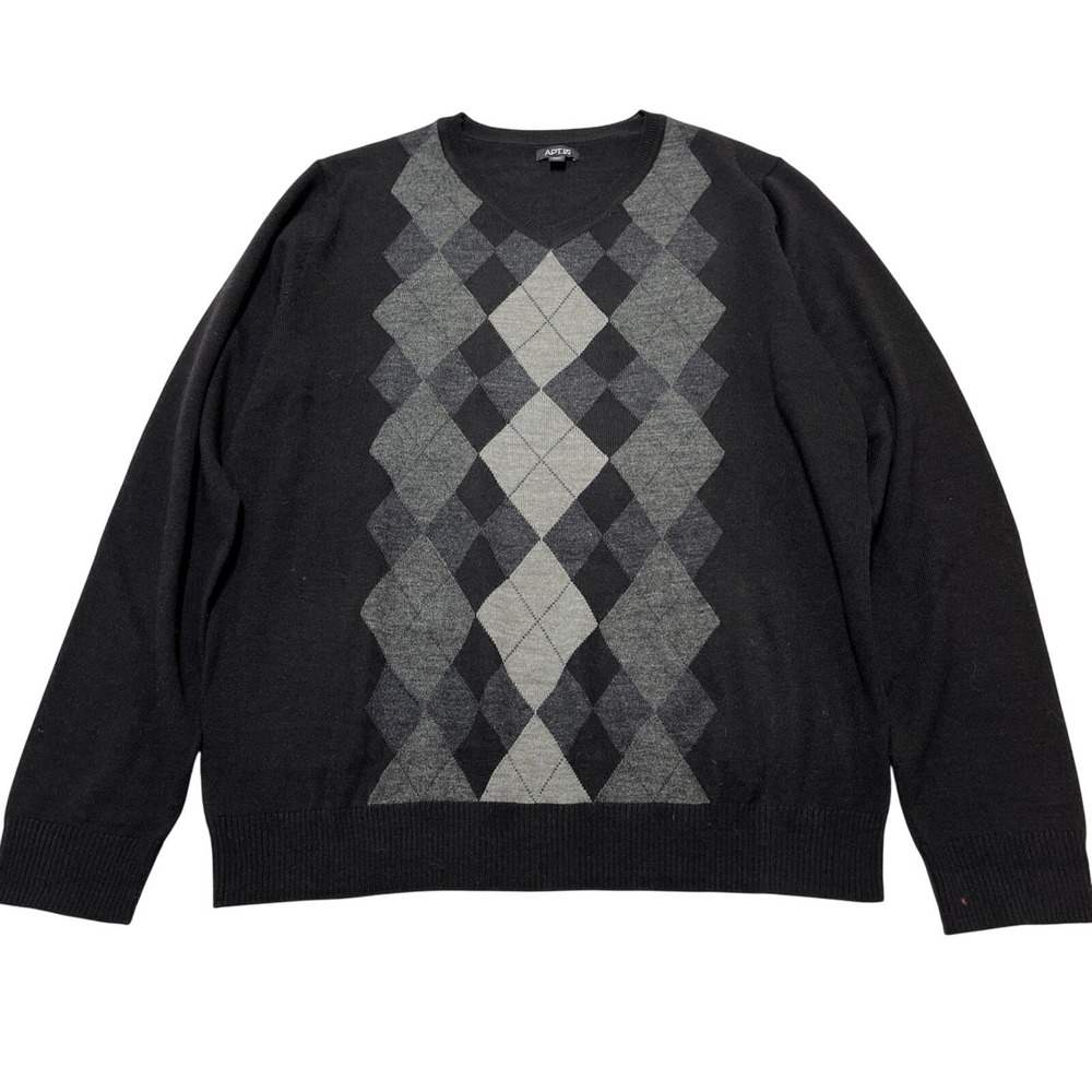 Apt 9 Sweater Mens L Black Merino Wool Blend Argyle Pullover V Neck Preppy
